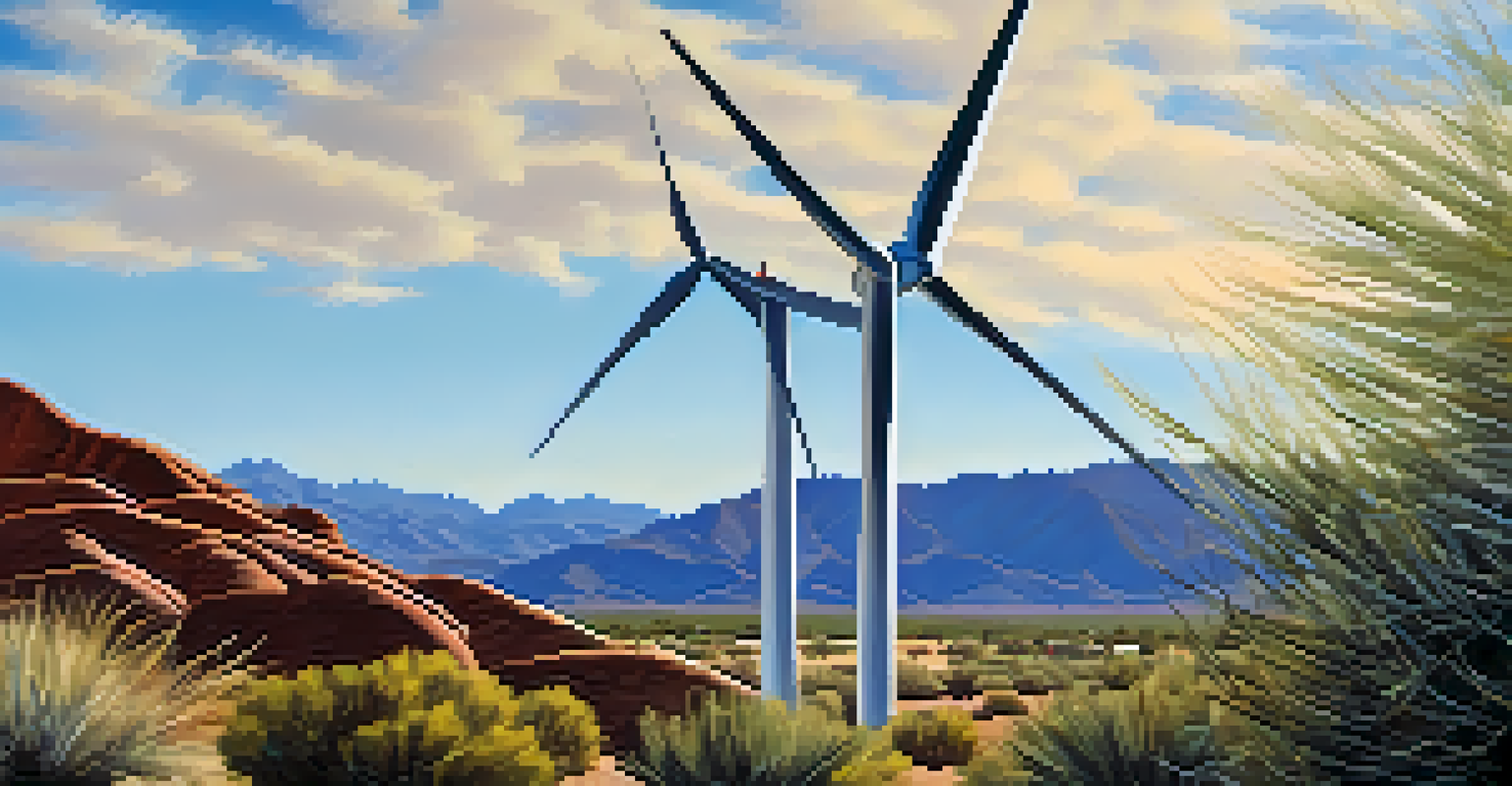 Close-up of a wind turbine in Tucson's desert, with mountains in the background and desert plants surrounding it.