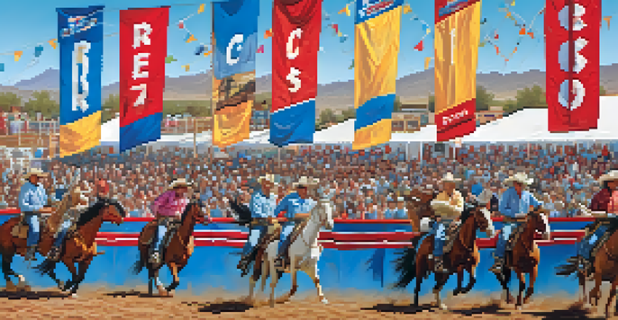 A lively rodeo scene with cowboys riding horses and a cheering crowd, set against the Arizona landscape.