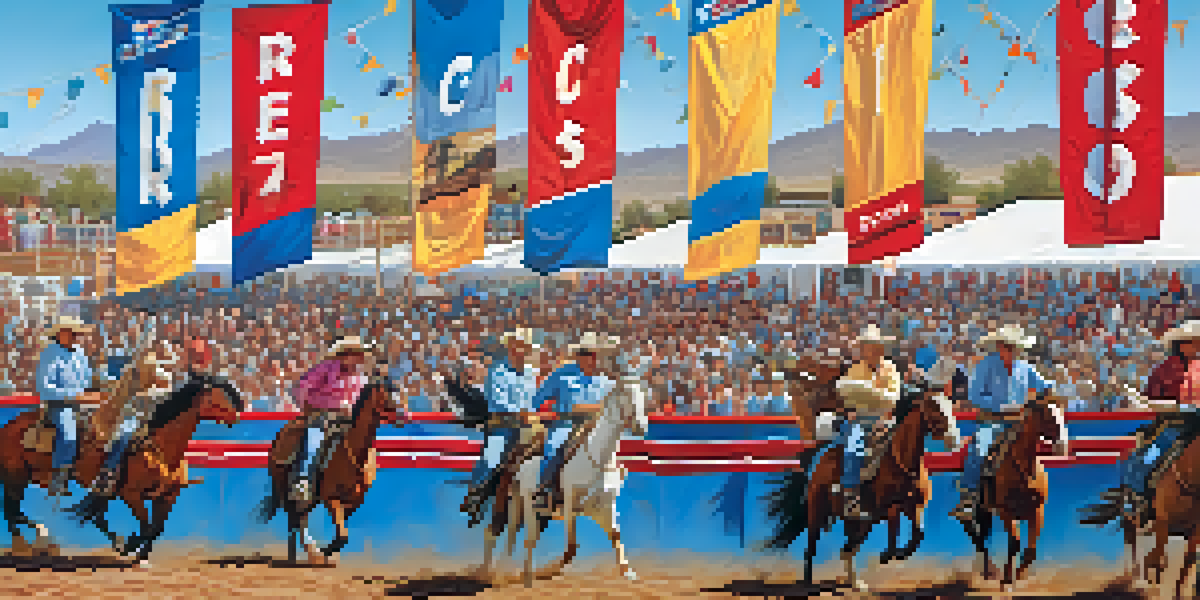A lively rodeo scene with cowboys riding horses and a cheering crowd, set against the Arizona landscape.