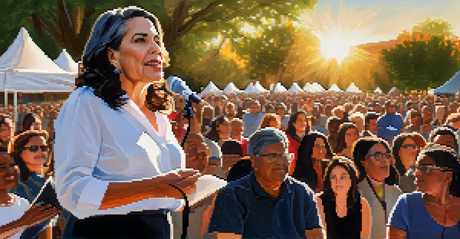 Carmen A. Córdova passionately addressing a community gathering in Tucson, surrounded by an engaged audience in a park setting.