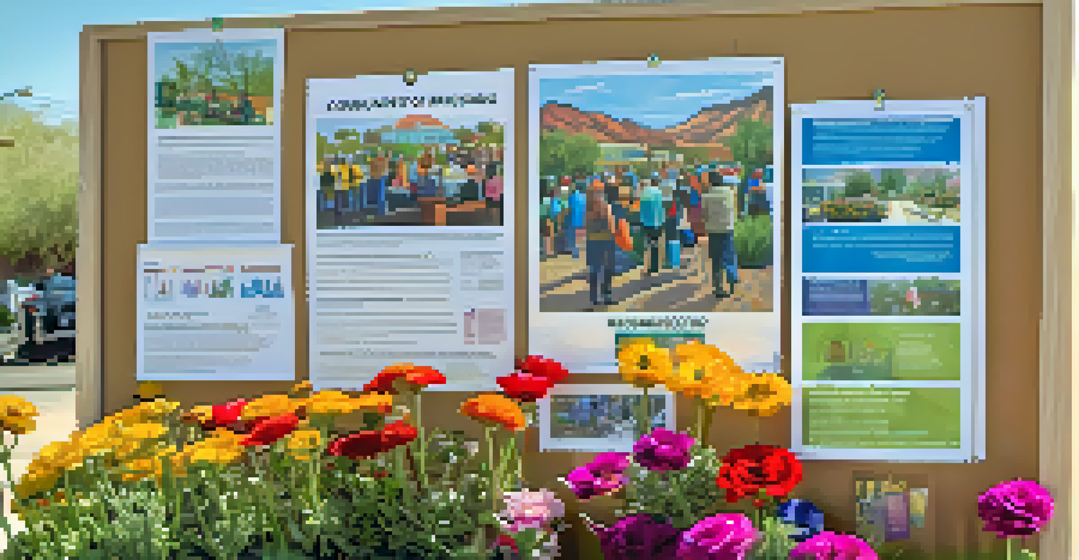 Close-up of a community bulletin board in Tucson displaying emergency preparedness resources, surrounded by flowers and engaged residents in the background.