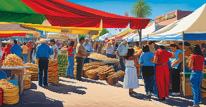 A lively outdoor festival scene featuring colorful tamale vendor stalls, families enjoying food, and musicians playing mariachi music under a clear blue sky.