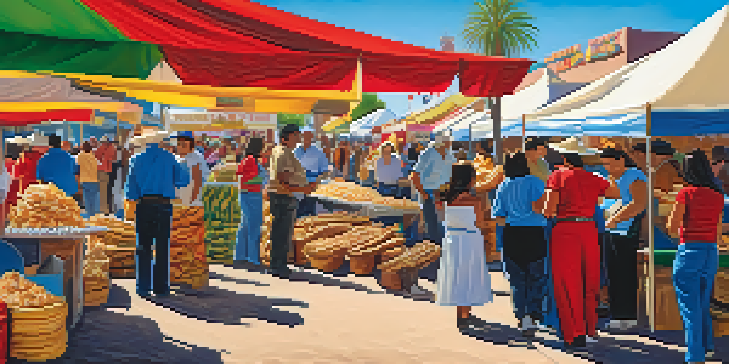 A lively outdoor festival scene featuring colorful tamale vendor stalls, families enjoying food, and musicians playing mariachi music under a clear blue sky.