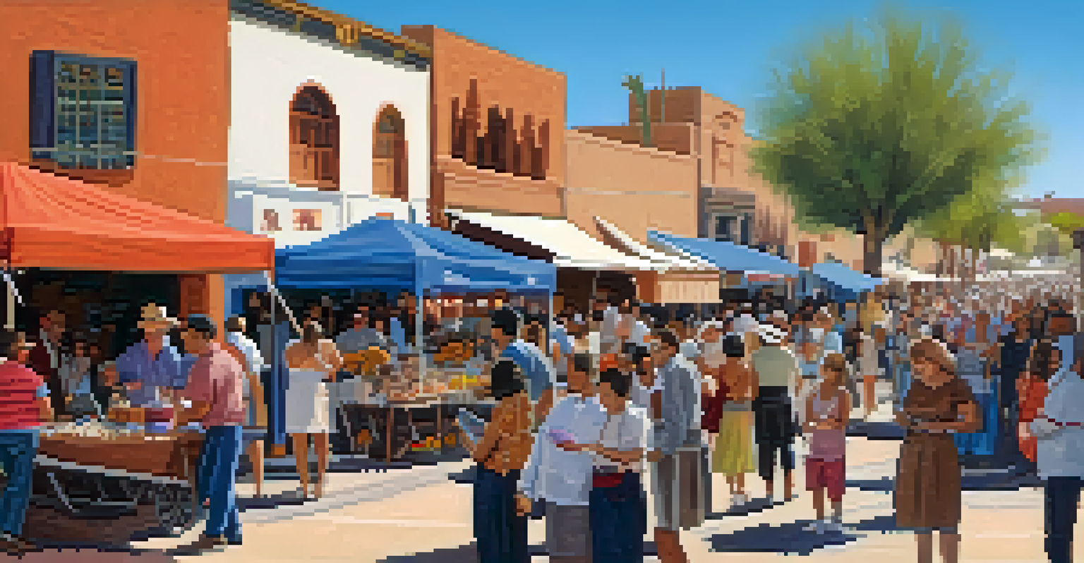 A lively street scene in downtown Tucson during a cultural festival, featuring colorful stalls and diverse crowds.