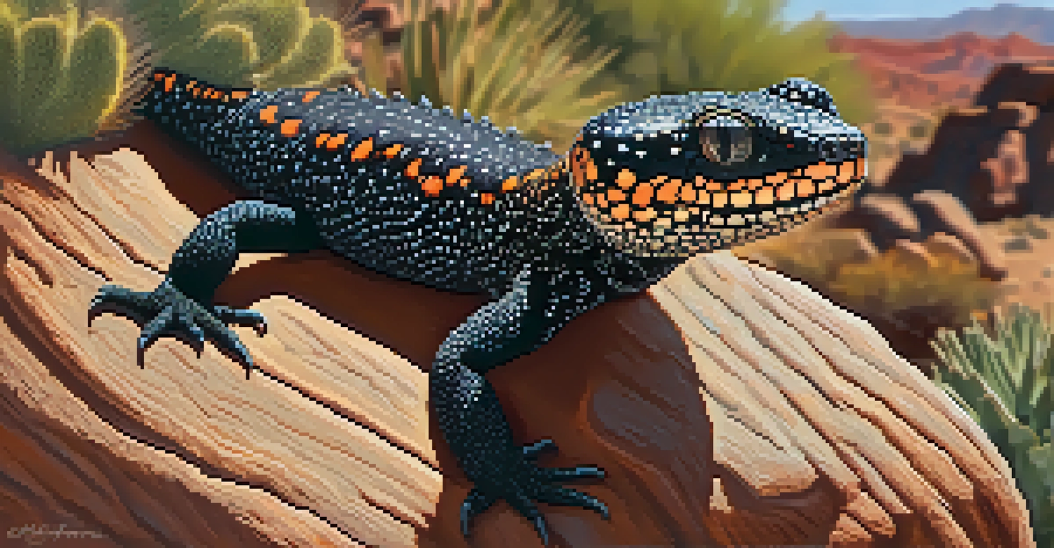 A close-up of a Gila monster basking on a sunlit rock in the desert.