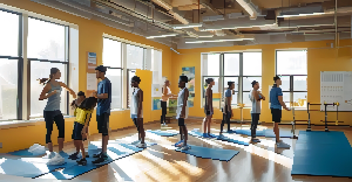 A group of diverse university students working at a sports clinic with an athlete recovering from an injury.