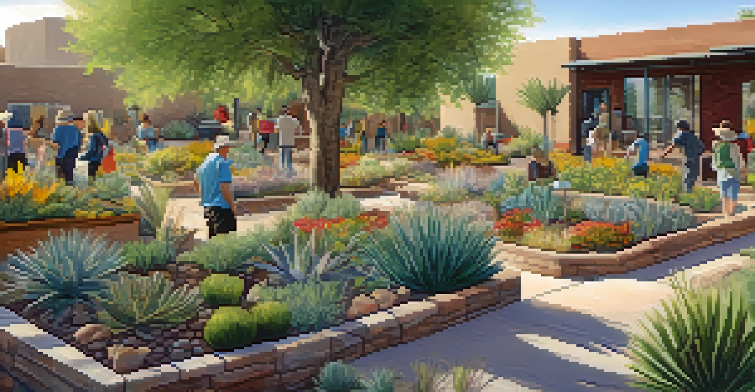 Community garden in Tucson with residents planting trees and drought-resistant plants.
