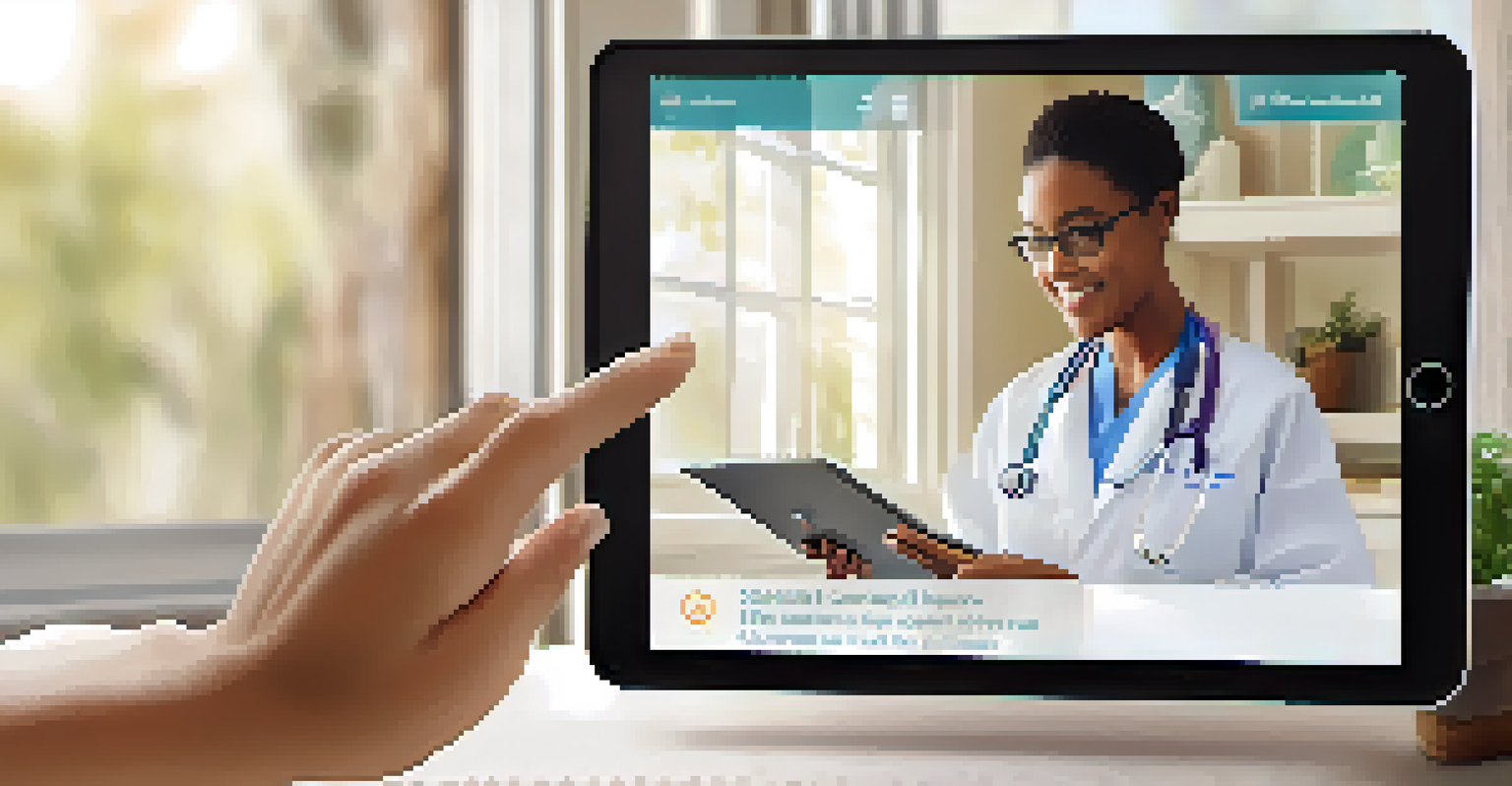 A close-up of a tablet displaying a telehealth consultation interface, set in a cozy home with natural light.