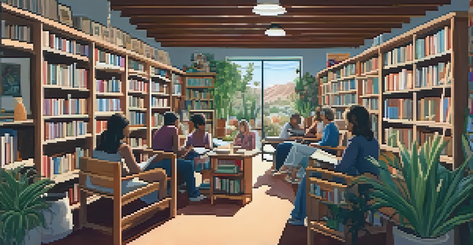 A cozy local bookstore in Tucson with people participating in a reading circle surrounded by books and plants.