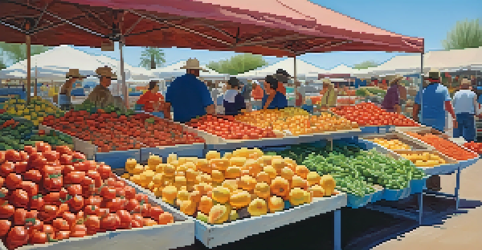 A lively farmer's market in Tucson with colorful produce including chiles and tomatoes, set against a bright blue sky.