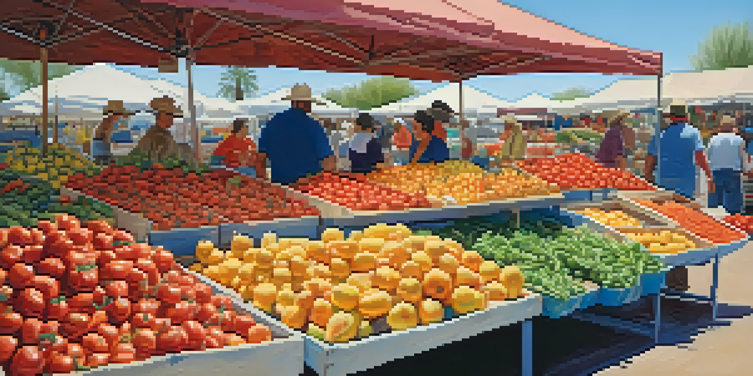A lively farmer's market in Tucson with colorful produce including chiles and tomatoes, set against a bright blue sky.