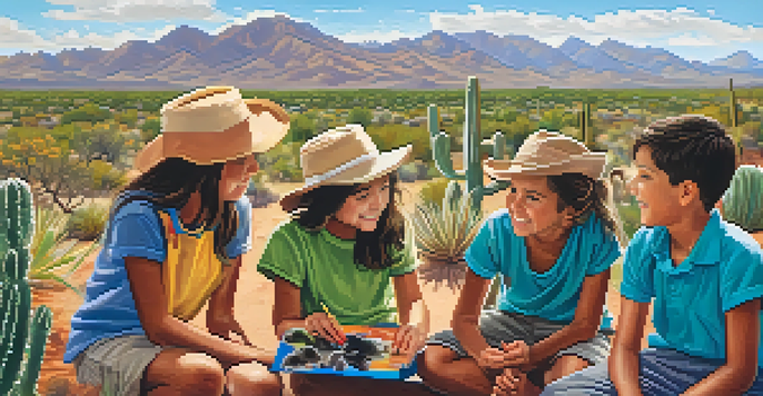 Children participating in a wildlife conservation workshop, learning about local plants and animals in a sunny desert environment.