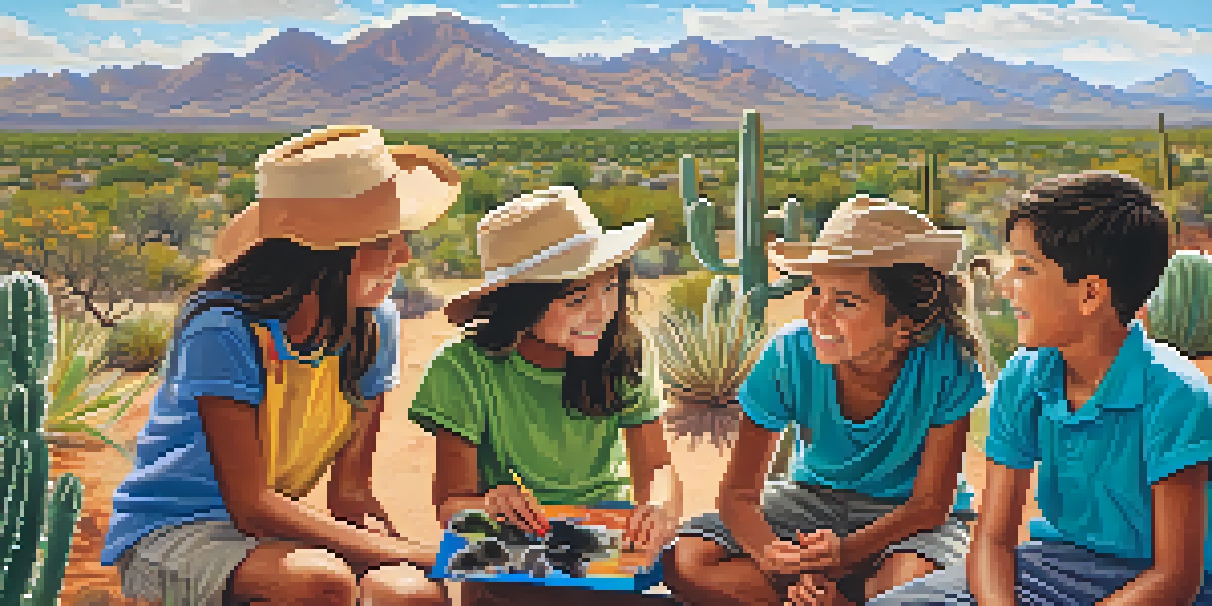 Children participating in a wildlife conservation workshop, learning about local plants and animals in a sunny desert environment.