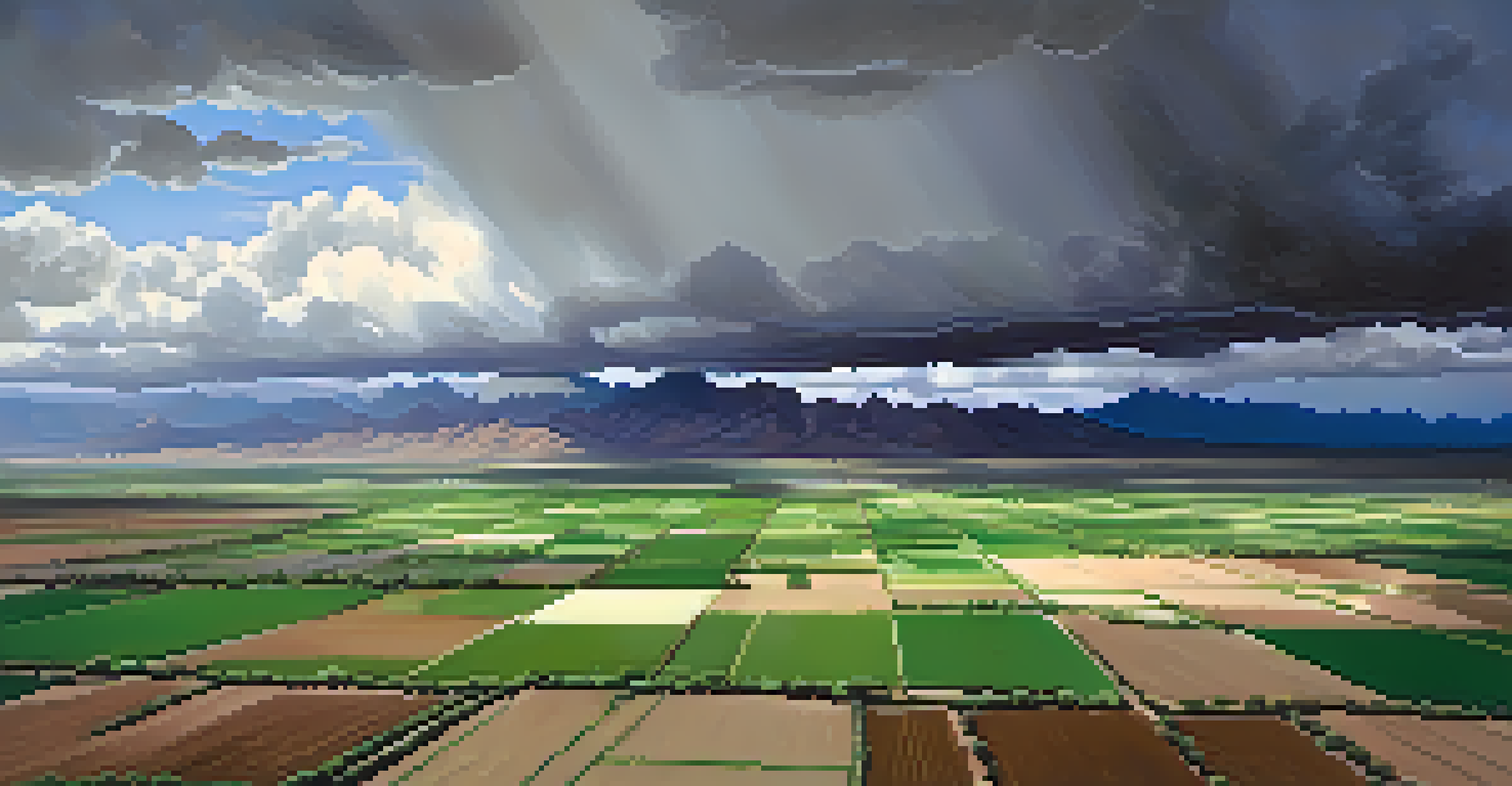 An aerial view of Tucson showing green fields, irrigation systems, and dark rain clouds during the monsoon season.