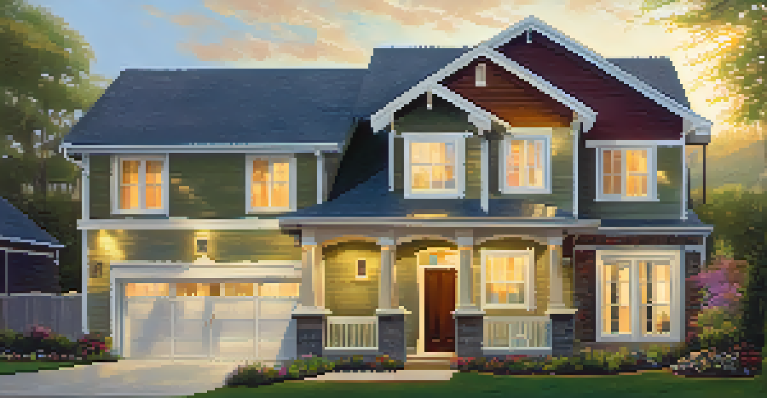 A volunteer happily handing the keys to a smiling family in front of their newly built home, with a warm sunset in the background.
