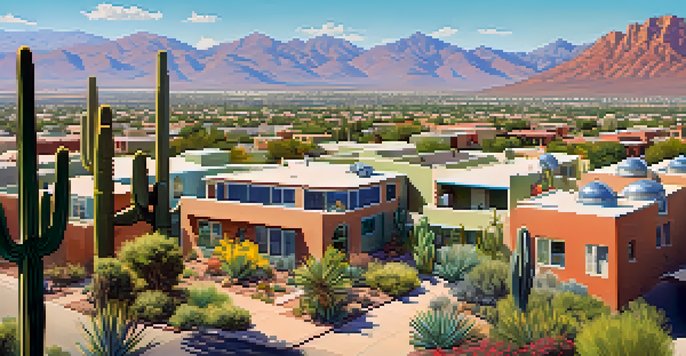 A vibrant Tucson neighborhood with green buildings, solar panels, and families enjoying parks and gardens under a clear blue sky.