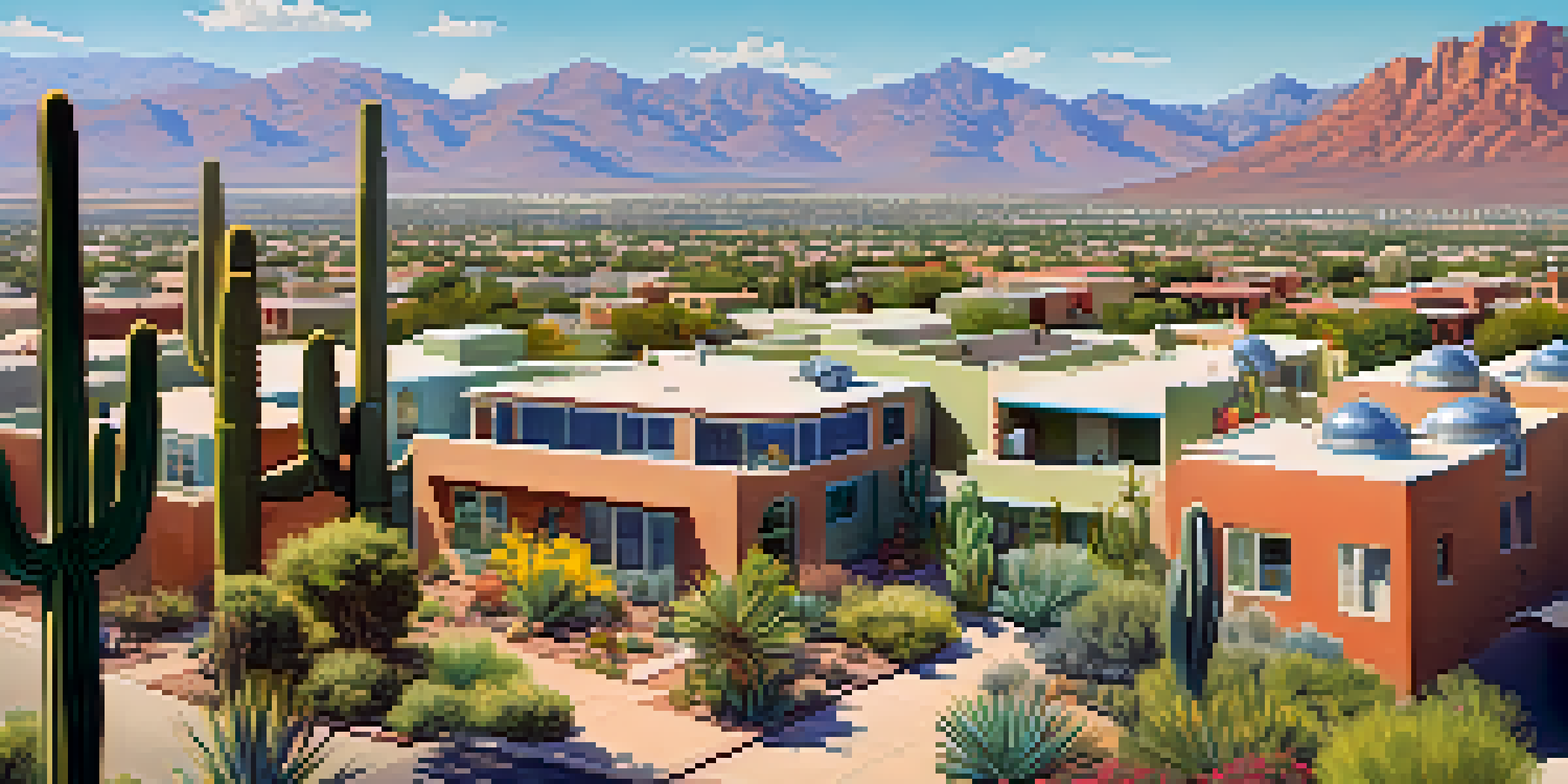 A vibrant Tucson neighborhood with green buildings, solar panels, and families enjoying parks and gardens under a clear blue sky.