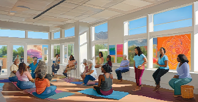 A community health center in Tucson with diverse women participating in a wellness workshop, bright interior, and natural light.