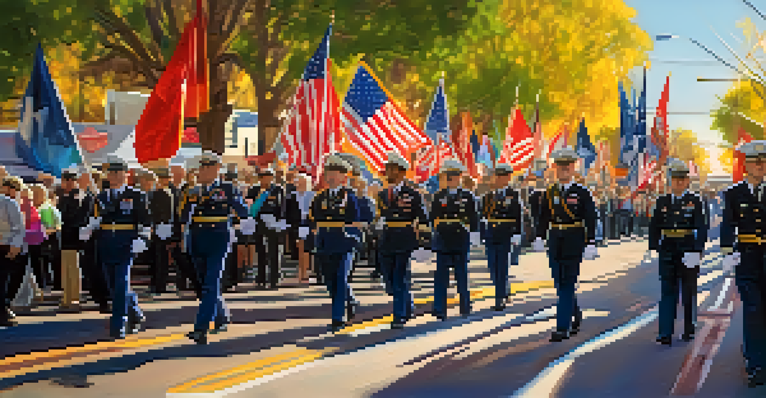 A lively Tucson Veterans Day Parade with veterans marching and spectators cheering.