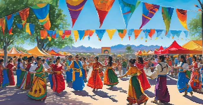 A lively festival scene featuring diverse dancers in colorful costumes, with an enthusiastic audience and various food and artisan booths.