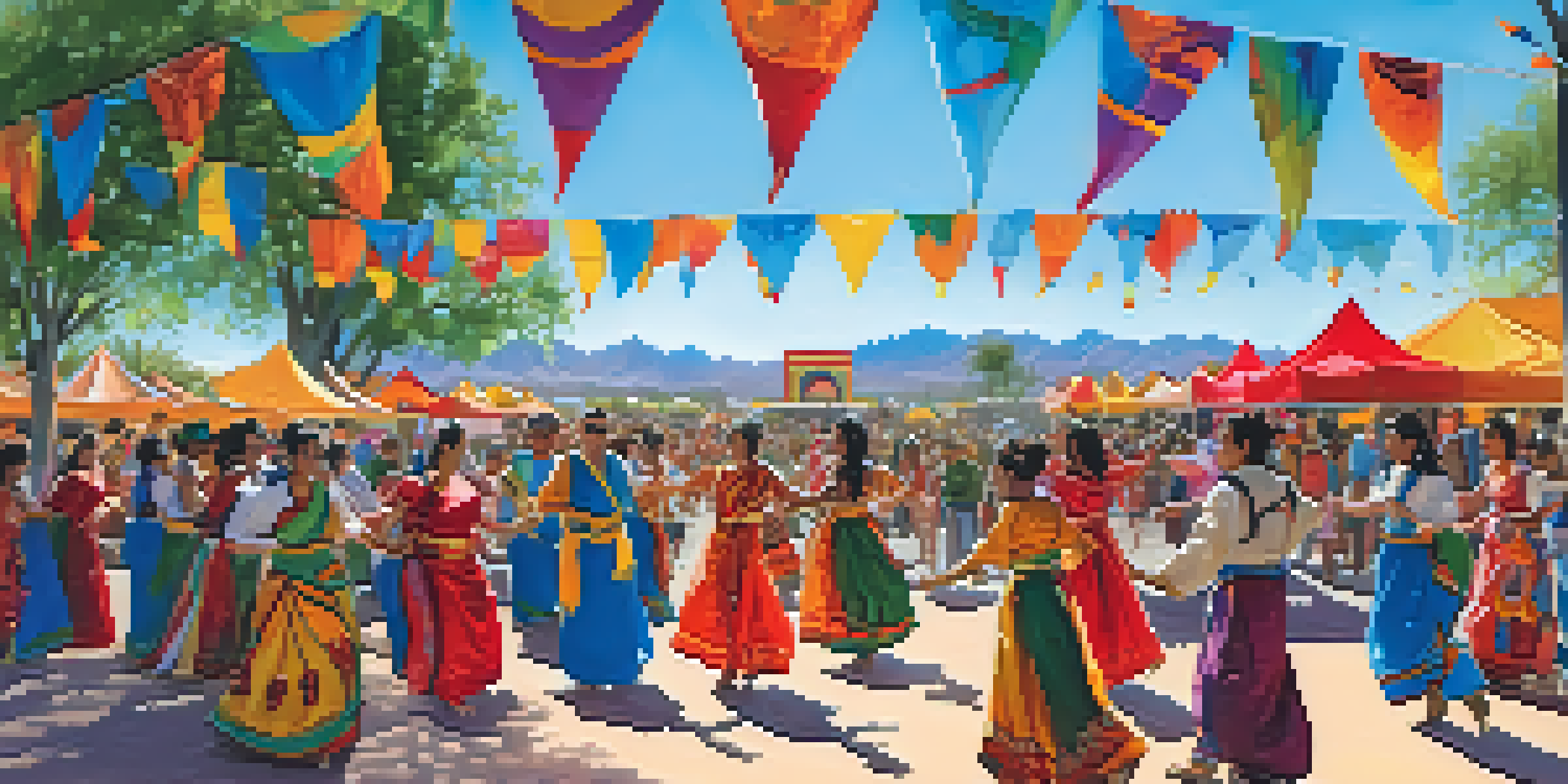 A lively festival scene featuring diverse dancers in colorful costumes, with an enthusiastic audience and various food and artisan booths.