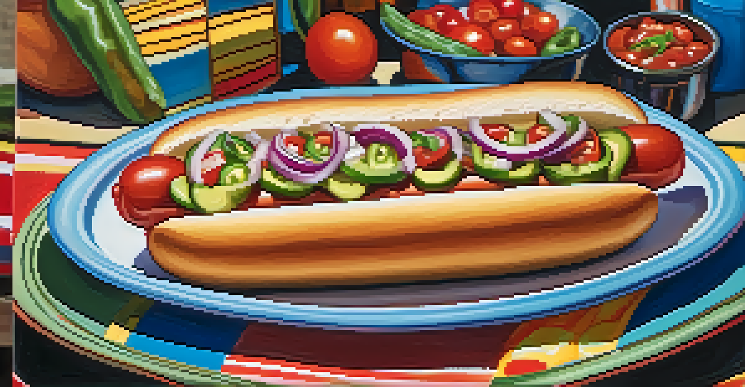 A close-up of a Sonoran hot dog topped with fresh condiments on a colorful plate.