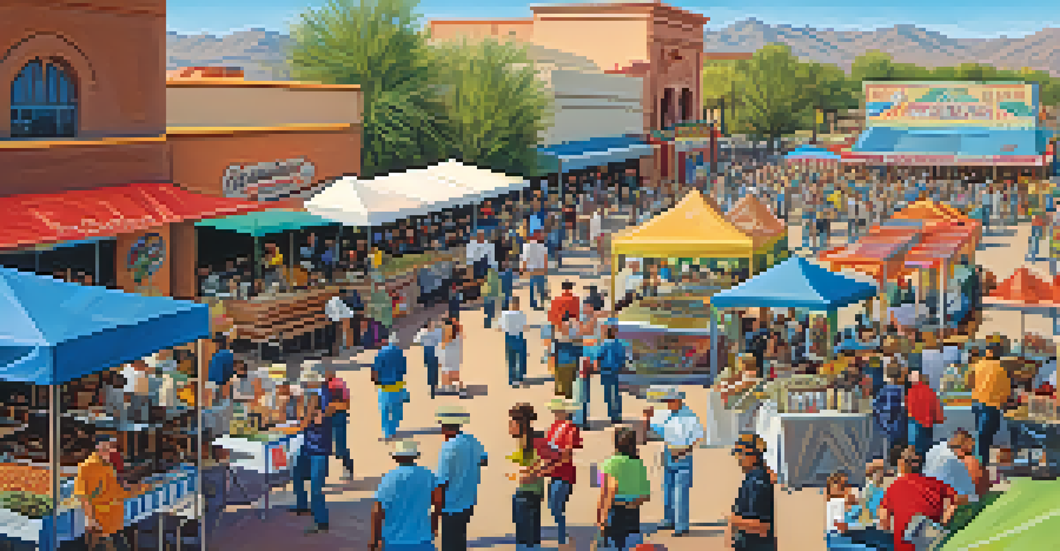 A vibrant food festival in Tucson with various stalls and chefs serving diverse dishes to enthusiastic visitors under a sunny sky.