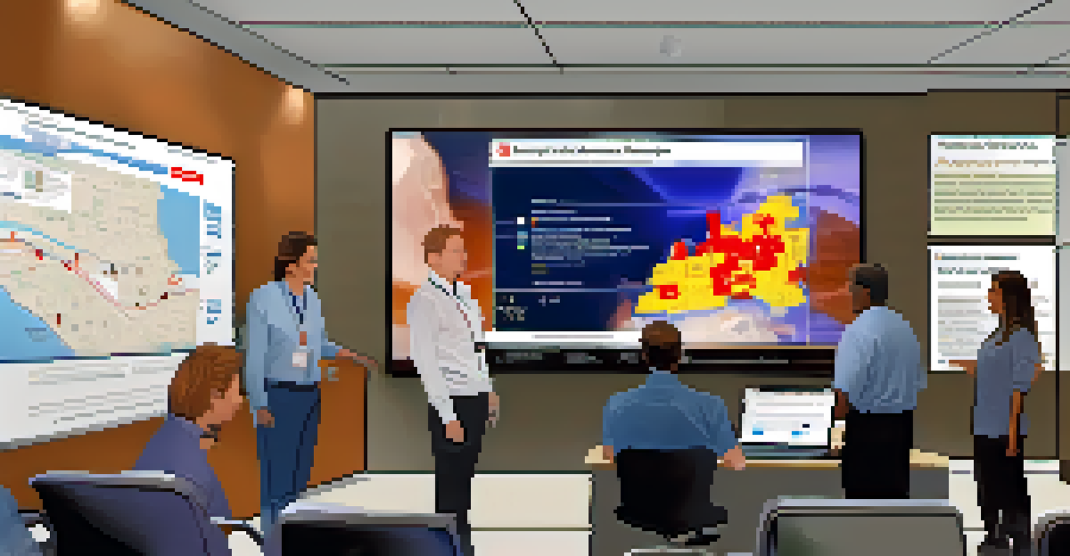 A group of staff members in a Tucson office watching a digital screen displaying emergency alerts and updates, with maps and preparedness materials in the background.