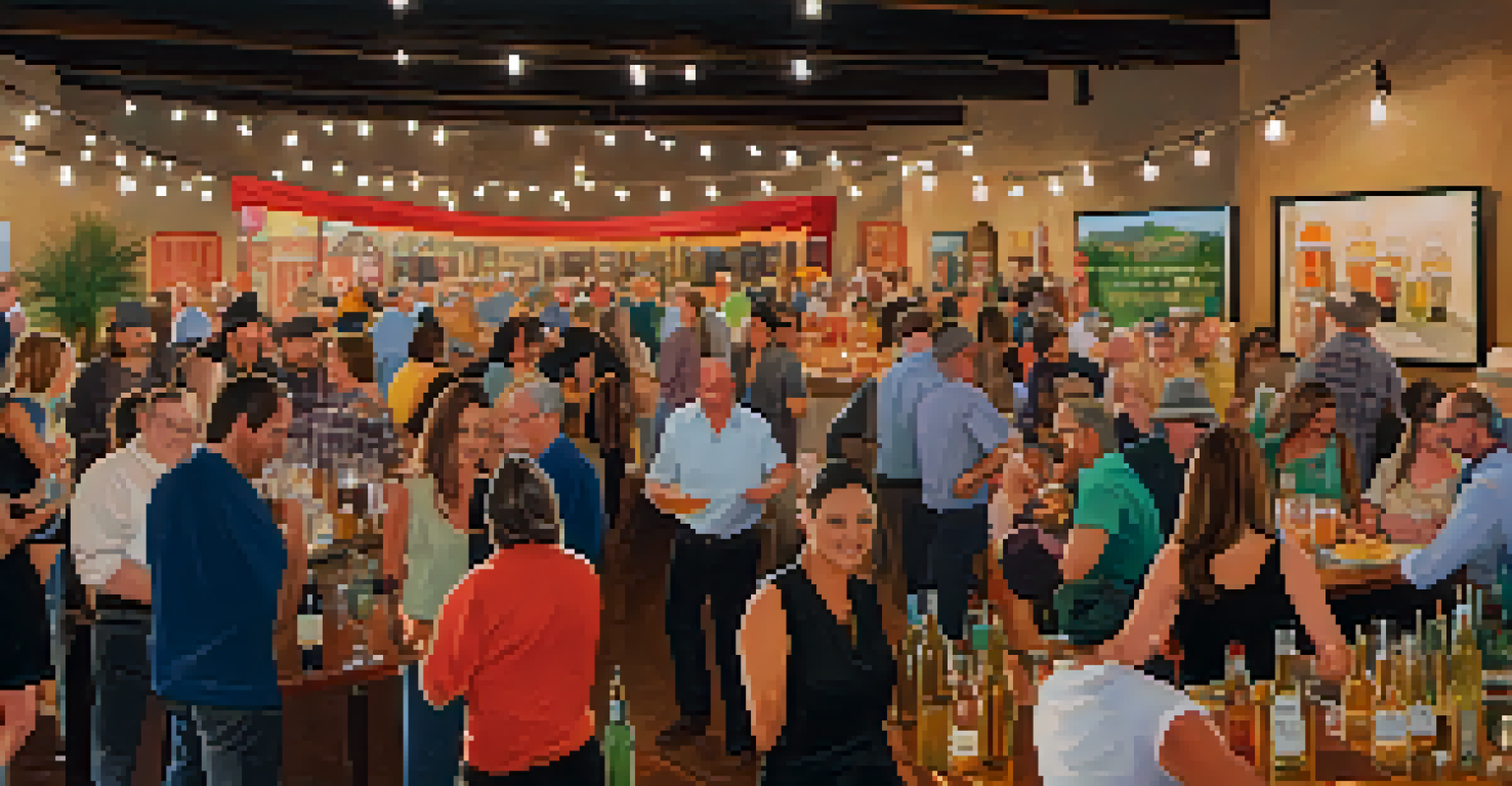 A community event at a craft distillery in Tucson, featuring people sampling spirits and enjoying food in a festive atmosphere.