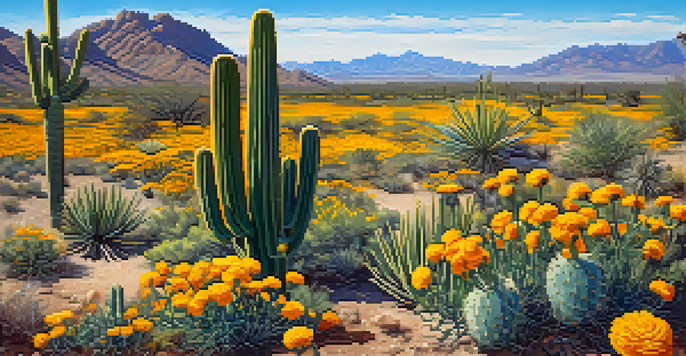 A colorful desert scene showcasing native plants like a saguaro cactus and desert marigolds, with butterflies flying around in bright sunlight.