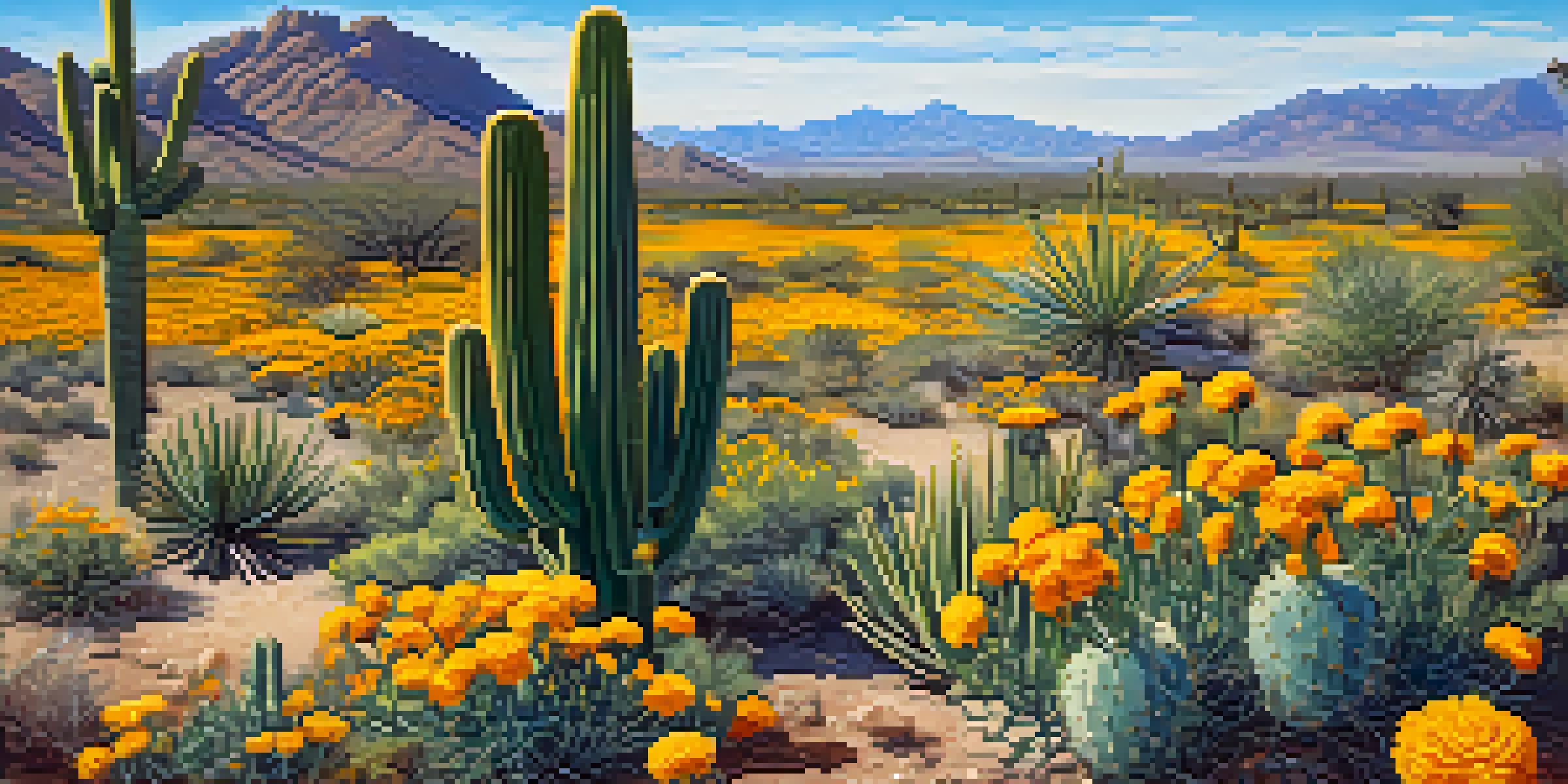 A colorful desert scene showcasing native plants like a saguaro cactus and desert marigolds, with butterflies flying around in bright sunlight.