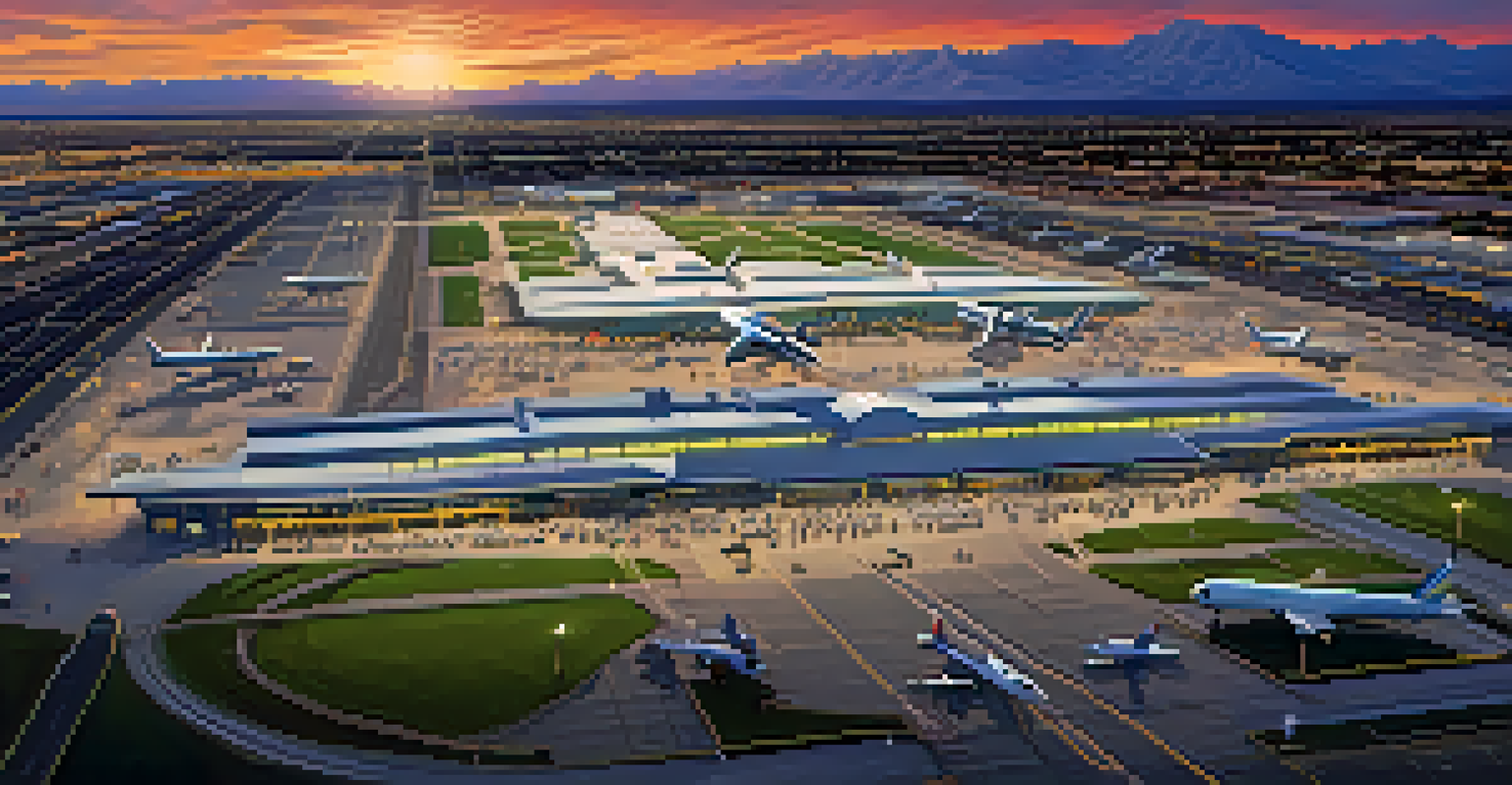 Aerial view of Tucson International Airport showing military jets and commercial planes under a sunset sky.