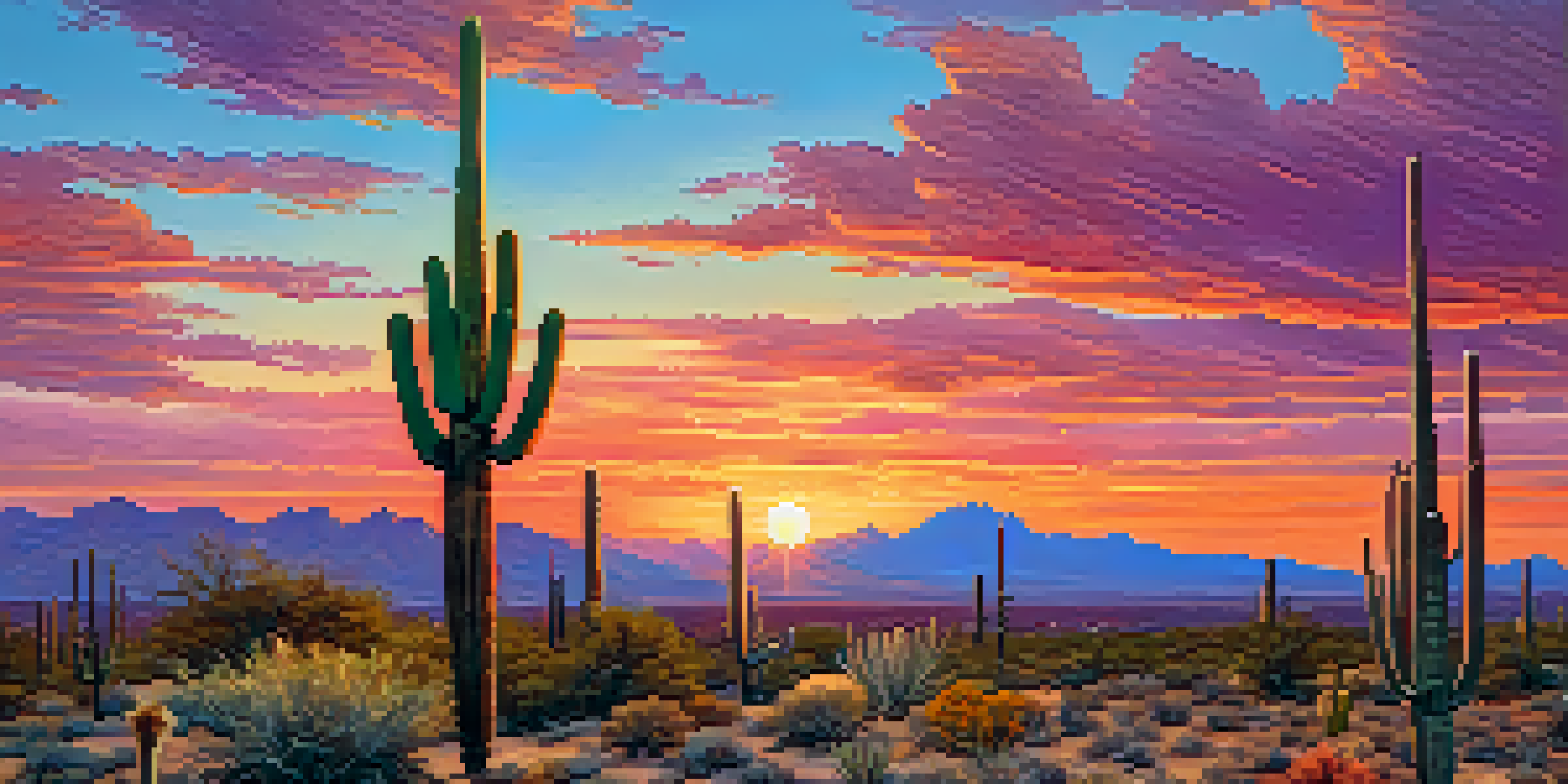 A sunset view of Saguaro National Park, highlighting tall cacti and colorful skies.