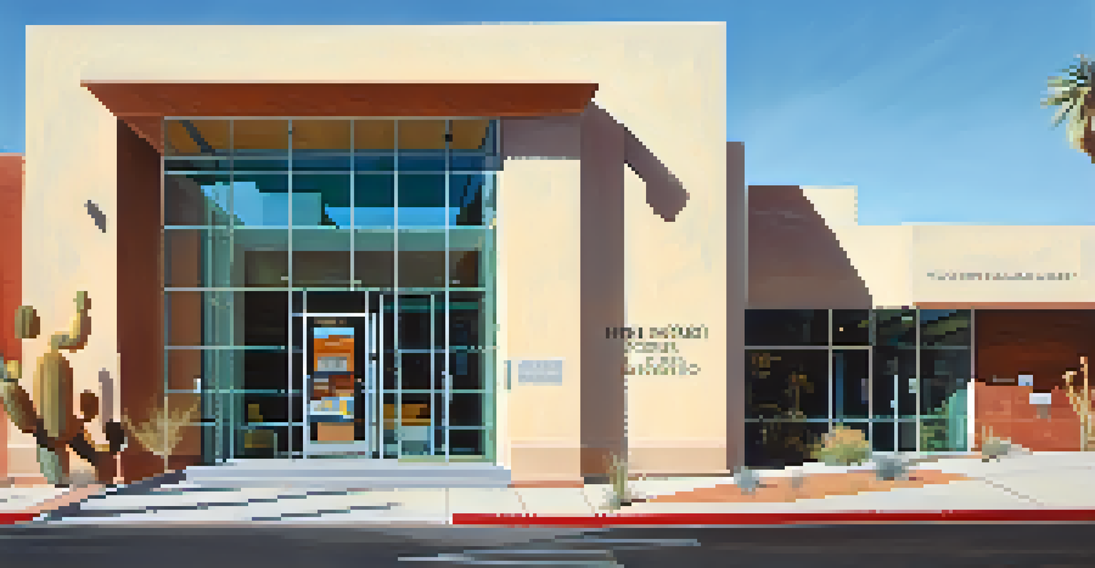 The entrance of a Tucson public library with a sign for free internet access, featuring a blend of modern and traditional architecture.