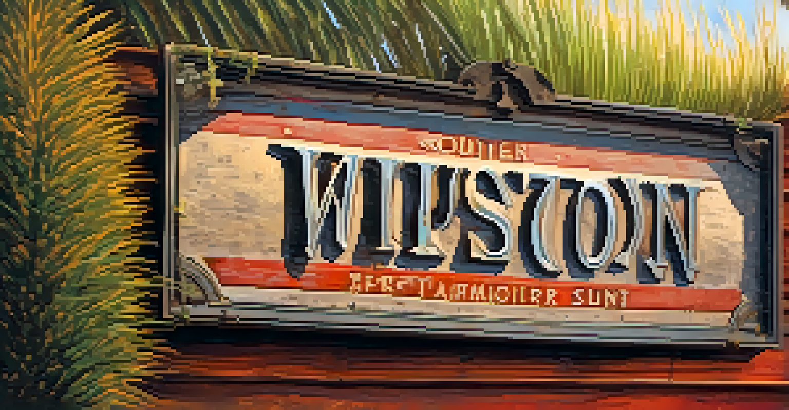 A close-up of a vintage railroad sign from Tucson, showing its logo and weathered texture amidst desert plants.