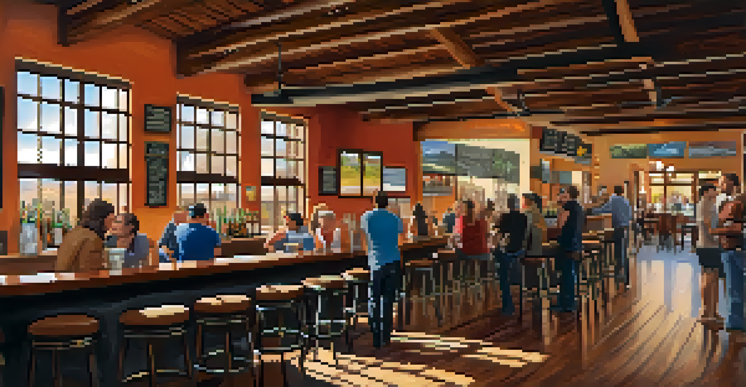 The interior of a Tucson brewery with wooden beams, natural light, patrons at the bar, and local art on the walls.