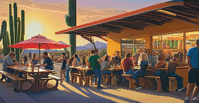 A lively outdoor brewery scene in Tucson with people enjoying craft beers, food trucks, and a sunset backdrop.