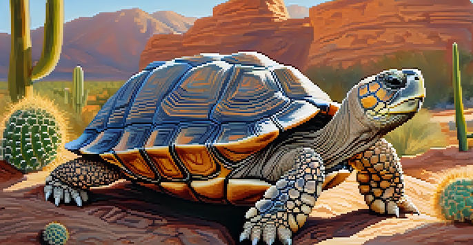 A close-up view of a desert tortoise in the Sonoran Desert with cacti and desert plants around.