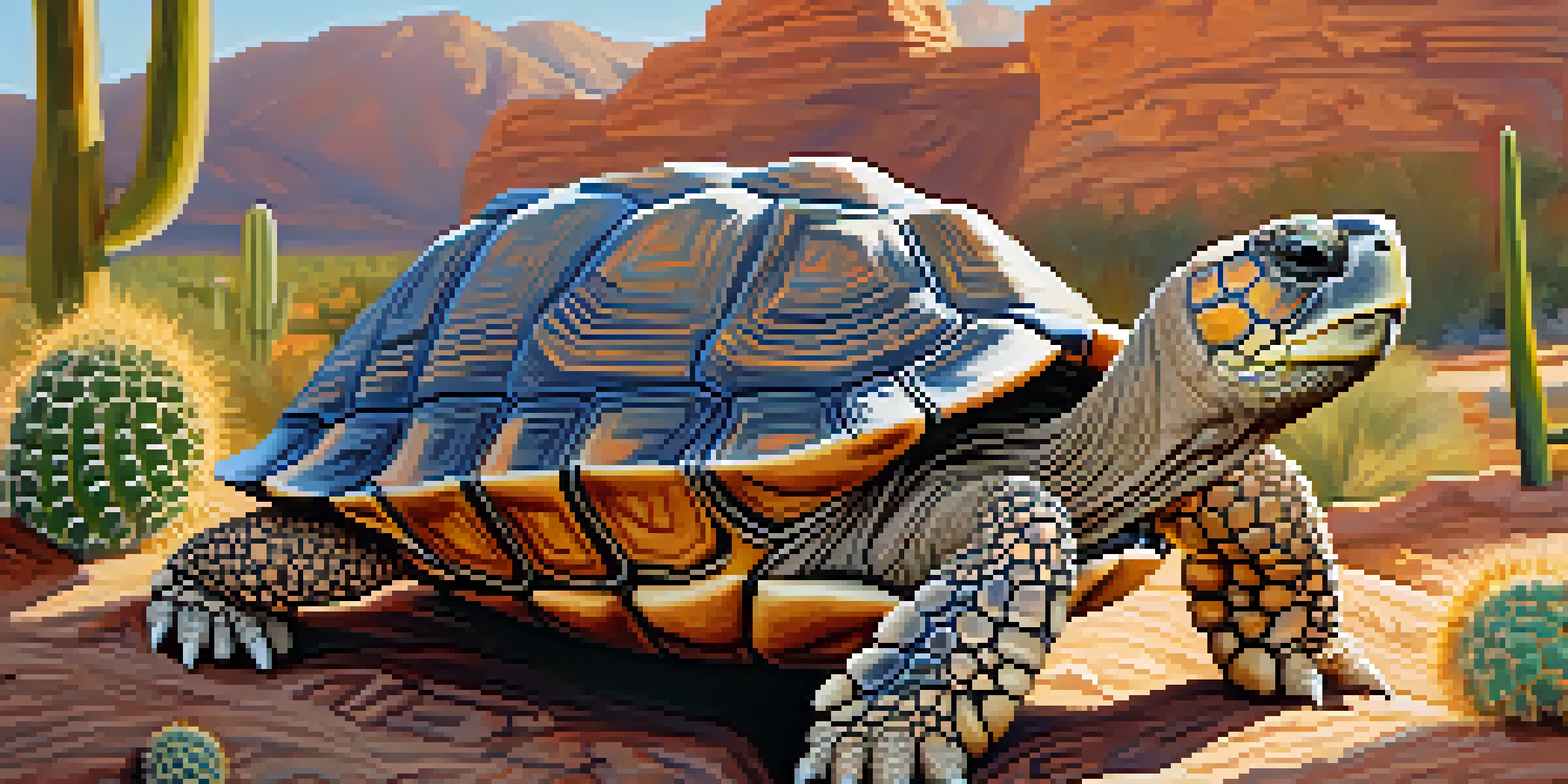A close-up view of a desert tortoise in the Sonoran Desert with cacti and desert plants around.