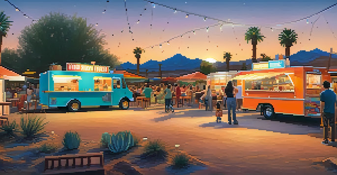 A lively food truck park in Tucson at sunset, featuring colorful trucks and people dining together.