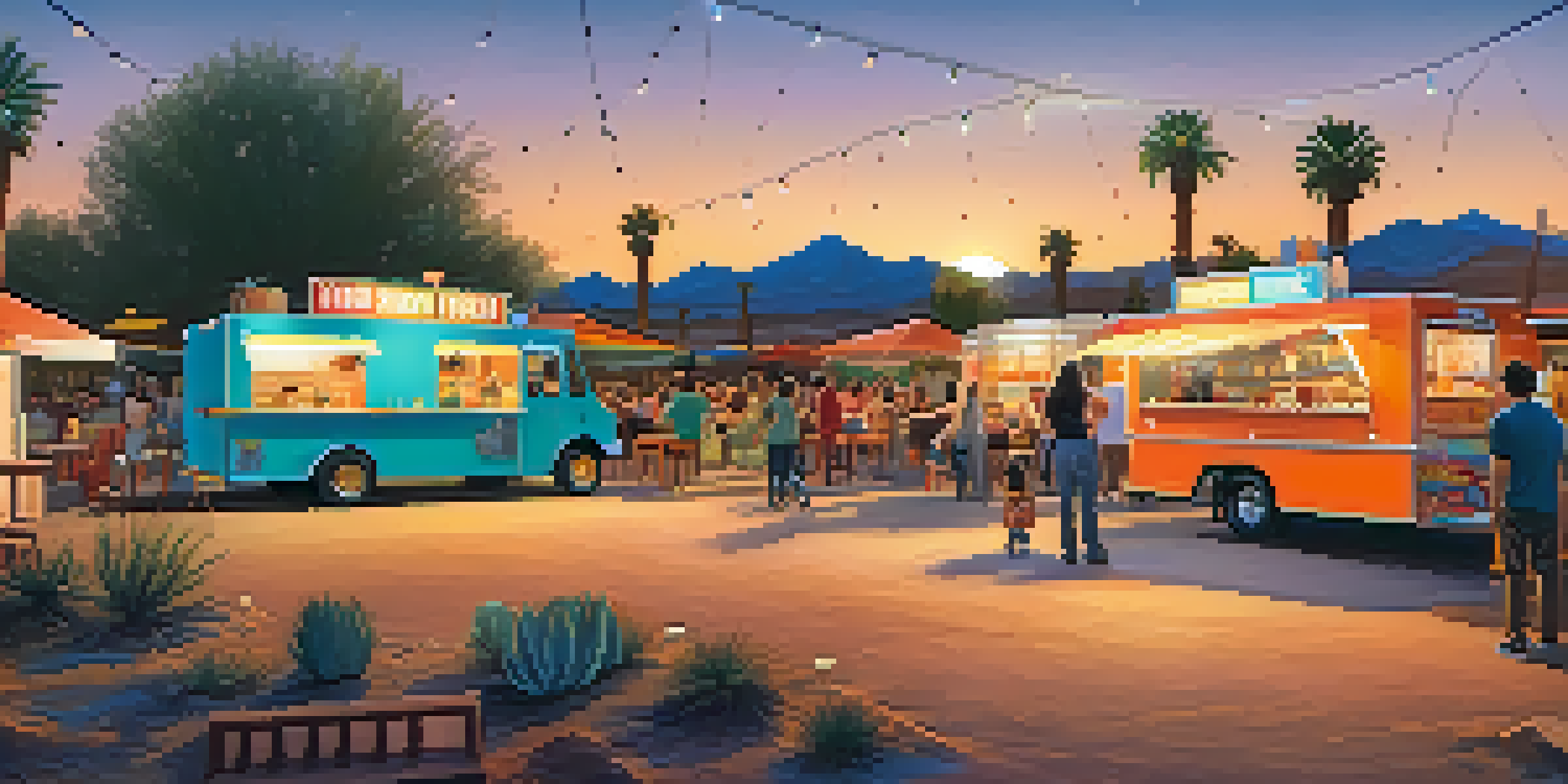 A lively food truck park in Tucson at sunset, featuring colorful trucks and people dining together.