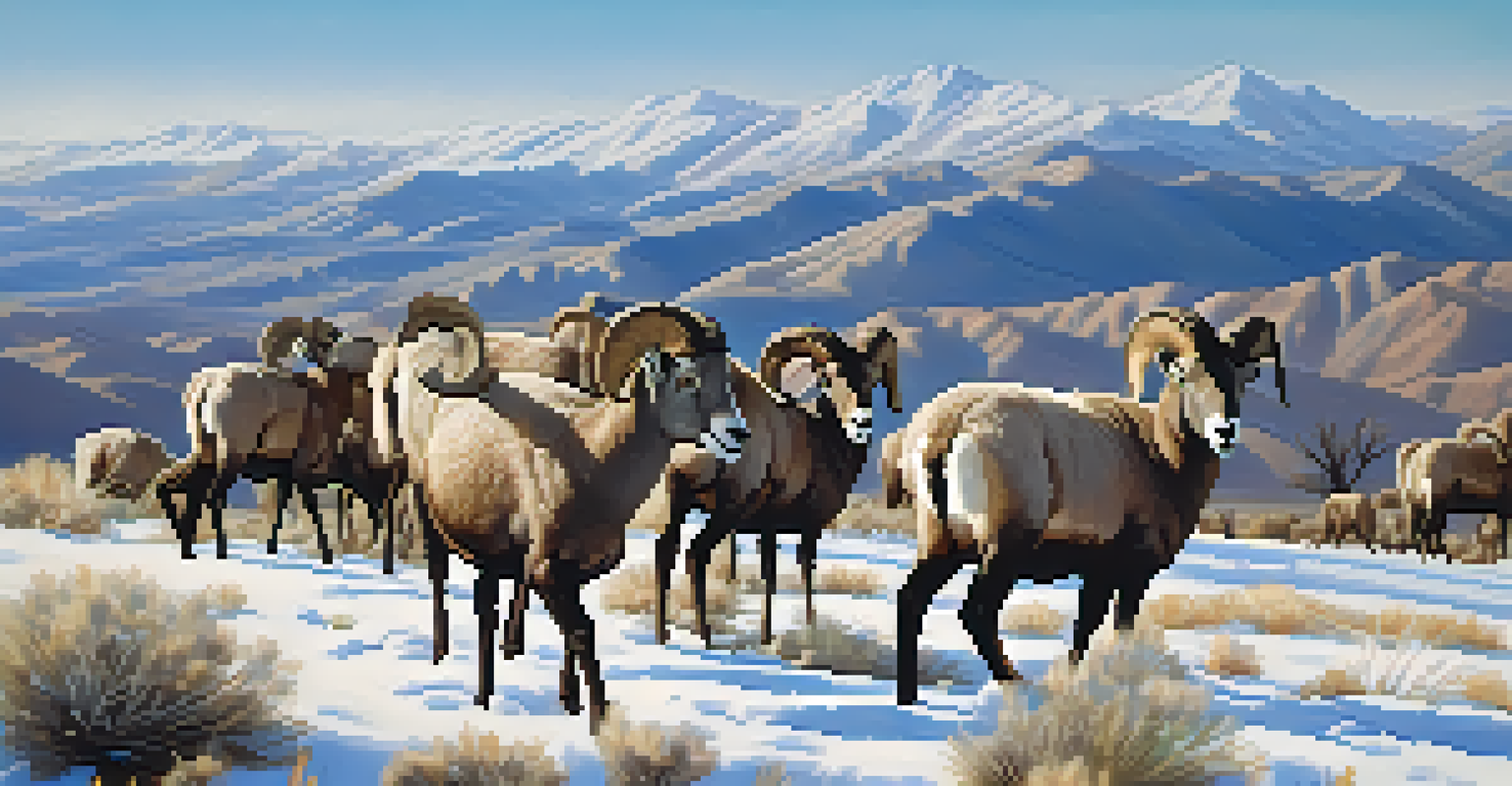 A winter desert scene in Tucson with desert bighorn sheep grazing on green grass, surrounded by snow and mountains under a clear blue sky.