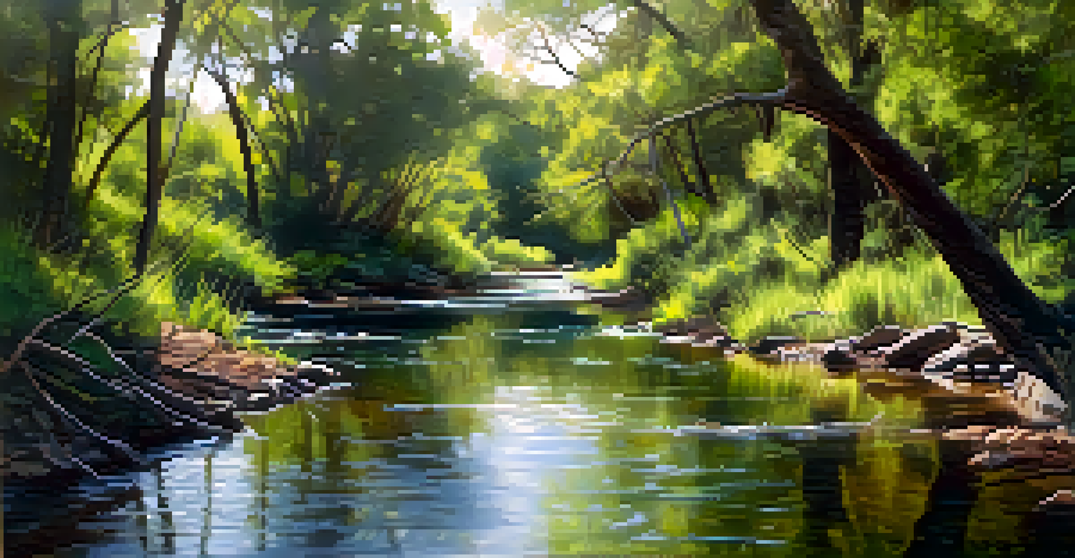 A winding creek in a lush natural preserve, with sunlight filtering through trees and birds flying above, creating a peaceful scene.