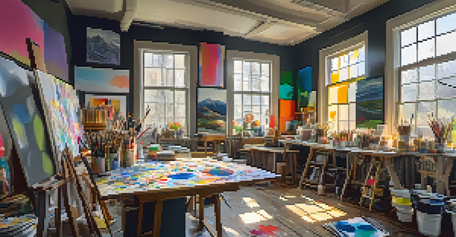 A bright artist's studio filled with canvases and art supplies, illuminated by natural sunlight.