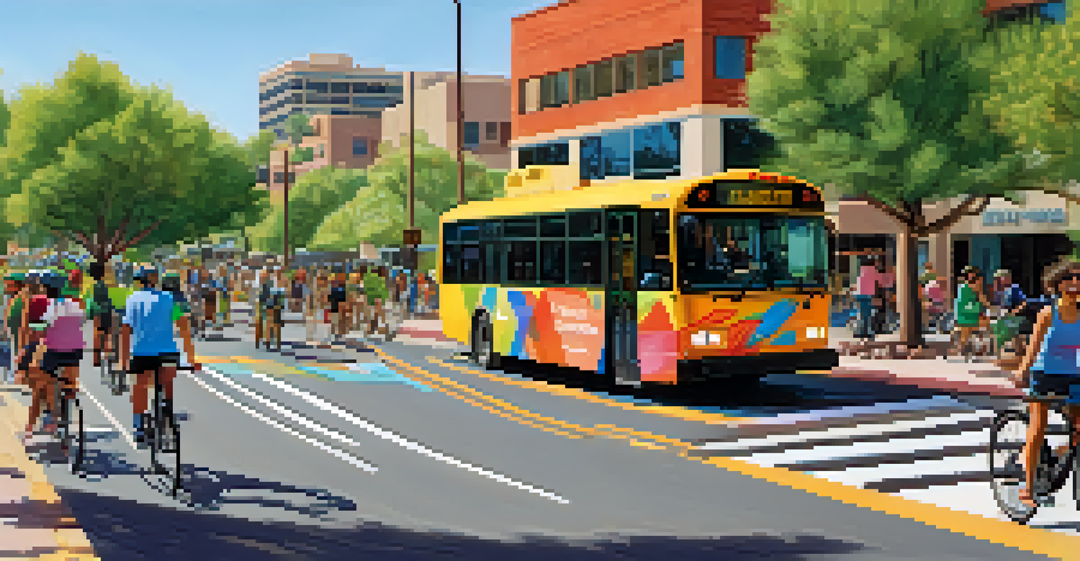 A vibrant scene of Tucson's bike lane with cyclists and electric buses, promoting sustainable transportation.