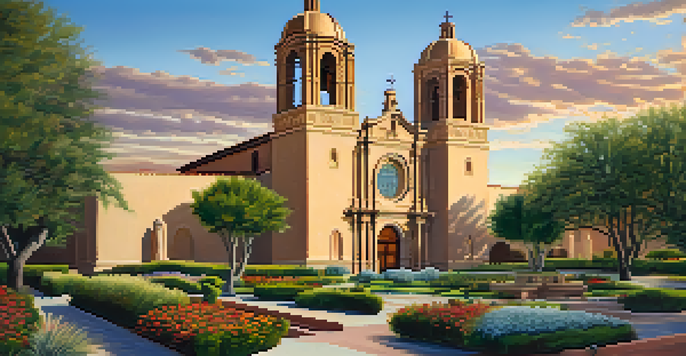 A stunning view of San Agustin Cathedral in Tucson, highlighting its ornate architecture and colorful stained glass windows under a golden sunset.