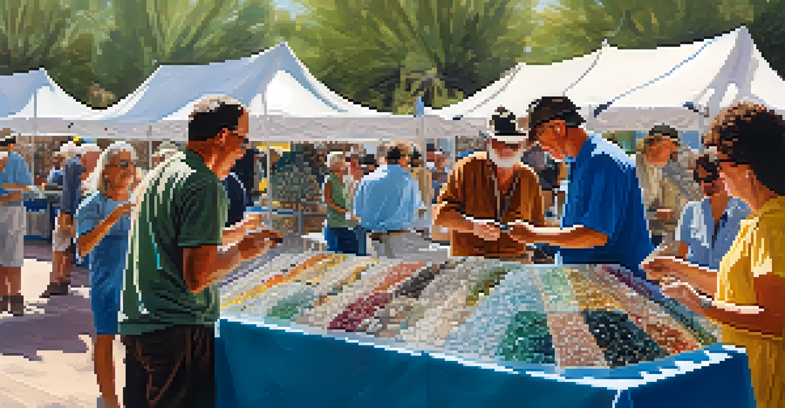 A bustling scene at the Tucson Gem and Mineral Show with colorful gemstones and visitors.