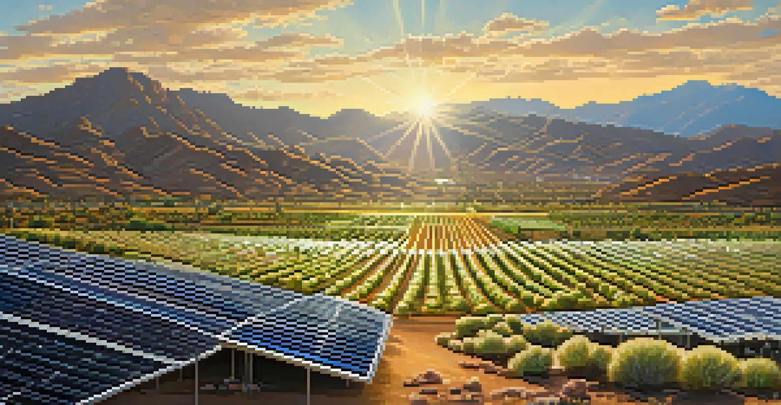 A community solar farm in Tucson with rows of solar panels and diverse individuals engaging in discussions about renewable energy, set against a mountainous backdrop.