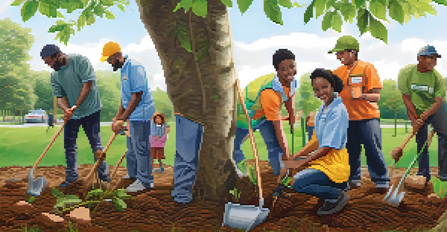 A diverse group of volunteers planting trees in a park, illustrating community teamwork and environmental commitment.