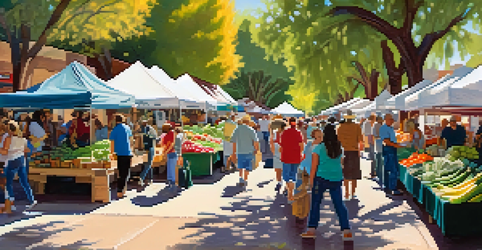 A lively farmers' market in Tucson with colorful stalls filled with fresh produce and local crafts, busy with tourists and locals.